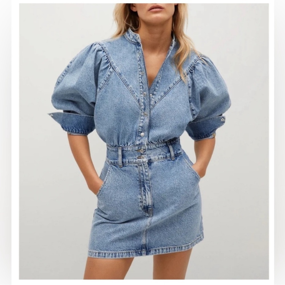 MANGO Denim Puff Sleeve Mini Dress, Size 8.